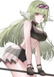  1girl absurdres arknights bare_shoulders black_gloves black_shorts breasts cleavage_cutout clothing_cutout crop_top eyewear_on_head gloves green_hair highres hip_vent holding holding_weapon horobu long_hair looking_at_viewer midriff official_alternate_costume poncirus_(arknights) poncirus_(to_rest_in_night_breezes)_(arknights) purple-tinted_eyewear see-through_clothes shorts simple_background solo tinted_eyewear twitter_username weapon white_background wing_ears 