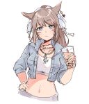  1girl animal_ears avatar_(ff14) blue_eyes blue_jacket breasts brown_hair bubble_tea cat_ears chocobo collarbone cropped_jacket cropped_shirt cup denim denim_jacket drinking_straw facial_mark final_fantasy final_fantasy_xiv frown grey_skirt hair_ribbon hand_on_hip head_tilt highres holding holding_cup jacket jewelry long_hair medium_breasts midriff miqo&#039;te necklace ribbon shirt sketch skirt solo tenko_(tenkokon) upper_body whisker_markings white_ribbon white_shirt 