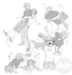  2boys :d baseball_cap blue_oak blush carrying carrying_person closed_eyes hat highres laughing lifting_person miyage_no_nukegara monochrome multiple_boys open_mouth pokemon pokemon_sm princess_carry red_(pokemon) smile spiked_hair 