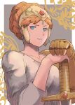  1girl absurdres arms_up blue_eyes border braid breasts brown_hair collarbone commentary_request crown_braid earrings grin hands_on_hilt helmet highres jewelry k_katora kaze_no_tani_no_nausicaa kushana long_sleeves looking_at_viewer mechanical_arms medium_breasts outside_border parted_bangs parted_lips patterned_background shirt short_hair single_mechanical_arm smile solo sword teardrop_earrings upper_body v-shaped_eyebrows weapon white_border white_shirt 