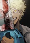  1boy blonde_hair blood blood_on_clothes blood_on_face chainsaw chainsaw_man collared_shirt denji_(chainsaw_man) different_reflection highres holding holding_weapon looking_at_viewer no_eyes open_mouth reflection santa_s88 sharp_teeth shirt short_hair smile solo spiked_hair teeth weapon white_shirt yellow_eyes 