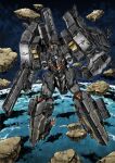  absurdres arm_shield armor blue_eyes cannon chest_cannon clenched_hand commentary damaged floating_rock full_body garimpeiro gun highres holding holding_gun holding_weapon in_orbit looking_at_viewer mecha mecha_focus no_humans planet robot rock science_fiction space super_robot_wars super_robot_wars_v vangray weapon 