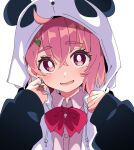  1girl animal_hood bow hair_ornament hairclip hood ixy looking_at_viewer necktie nijisanji panda_hood pink_eyes pink_hair pink_shirt red_bow sasaki_saku shirt short_hair simple_background solo upper_body virtual_youtuber white_background 