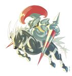  aqua_eyes colored_sclera commentary english_commentary escavalier highres lance no_humans pokemon pokemon_(creature) pokemon_focus polearm riding riding_pokemon simple_background skelinor weapon white_background yellow_sclera zebstrika 