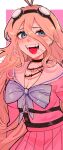  1girl :d antenna_hair bangs barbed_wire black_choker blonde_hair blue_eyes blush bow bowtie breasts choker danganronpa_(series) danganronpa_v3:_killing_harmony goggles goggles_on_head gyutan_tan hair_between_eyes iruma_miu large_breasts long_hair o-ring open_mouth pink_background pink_bow pink_bowtie pink_skirt pleated_skirt sailor_collar saliva shirt skirt smile solo tongue 