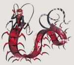  1boy antennae arm_up arthropod_boy bairizuomeng black_suit bug centipede centipede_boy claws demon_boy disembodied_eye film_strip frilled_sleeves frills hair_ornament hairclip highres long_hair looking_at_viewer male_focus monster_boy necktie orange_eyes original red_hair red_necktie shirt smile striped_clothes striped_shirt suit 