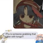  1other androgynous blue_hair blunt_bangs brown_coat brown_eyes brown_hat coat colored_tips commentary english_commentary english_text eyelashes hat hatsburg highres indoors len'en light_blush multicolored_hair official_art_inset other_focus parted_bangs parted_lips pink_shirt senri_haiji shirt short_hair solo striped_clothes striped_hat striped_shirt text_messaging tongs upper_body xeno_a zuifeng_tenkai 