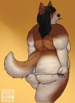  2022 anthro artist_name big_butt black_hair breasts brown_body brown_fur butt canid canine canis cigarette_in_mouth clothing dated domestic_dog female fur hair herding_dog hi_res huge_butt juicydemon looking_at_viewer looking_back looking_back_at_viewer mammal mature_female multicolored_body multicolored_fur overweight overweight_anthro overweight_female pastoral_dog signature simple_background solo tan_body tan_fur thick_thighs two_tone_body two_tone_fur undressing welsh_corgi 