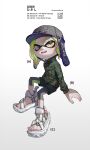  1girl ange-yi black_headwear black_shorts english_text fangs green_hair green_jacket hat highres inkling inkling_girl invisible_chair jacket looking_at_viewer open_mouth orange_eyes sandals short_hair shorts simple_background sitting solo splatoon_(series) suction_cups tentacle_hair white_background 