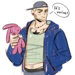  1boy backwards_hat baseball_cap bead_necklace beads beard_stubble black_eyes blonde_hair blue_hoodie buzz_cut chest_tattoo closed_mouth commentary cowboy_shot english_commentary english_text facial_hair green_shirt grey_hat hand_in_pocket hat holding holding_stuffed_toy hood hood_down hoodie jewelry looking_ahead midriff_peek necklace no_sclera open_clothes open_hoodie original pants plug_(piercing) pubic_hair shirt short_hair simple_background skcd_loen sketch speech_bubble star_(symbol) star_tattoo stubble stuffed_animal stuffed_rabbit stuffed_toy tattoo thick_eyebrows very_short_hair white_background 