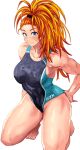  1girl adjusting_clothes adjusting_swimsuit alternate_costume armpits bandaid bandaid_on_face bare_legs barefoot biceps black_one-piece_swimsuit blue_eyes blue_one-piece_swimsuit blush breasts captain_mizuki closed_mouth competition_swimsuit daraz full_body hair_pulled_back highres long_hair looking_at_viewer medium_breasts muscular muscular_female one-piece_swimsuit one-punch_man orange_hair ponytail simple_background smile solo squatting swimsuit two-tone_swimsuit wet wet_clothes wet_swimsuit white_background 