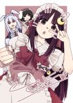  3girls :o alternate_costume animal_ears apron averting_eyes blood blood_on_hands blunt_bangs blush border bow bowtie clenched_hand commentary drawn_ears drawn_nose drawn_whiskers enmaided floppy_ears frilled_apron frilled_sleeves frills hair_between_eyes heart highres houraisan_kaguya inaba_tewi long_hair looking_at_viewer lop_rabbit_ears maid maid_apron maid_headdress mono_(user_eyzh8342) multiple_girls name_tag outside_border puffy_short_sleeves puffy_sleeves rabbit_ears rabbit_girl red_bow red_bowtie red_eyes reisen_udongein_inaba short_sleeves simple_background straight_hair sweatdrop touhou triangle_mouth v v_over_eye very_long_hair waist_apron white_apron white_border 