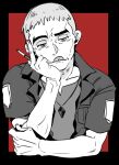  1boy absurdres black_border border cigarette greyscale_with_colored_background hand_on_own_cheek hand_on_own_elbow hand_on_own_face highres holding holding_cigarette jacket jewelry looking_at_viewer male_focus nanu_(pokemon) nazuka_jyo old old_man open_clothes open_jacket pendant pokemon pokemon_sm red_background shirt short_hair solo tongue tongue_out upper_body z-crystal 