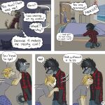 anthro artist_logo barefoot bed bedroom black_hair blonde_hair blood blood_on_face blue_eyes bodily_fluids book border_collie boris_(kriek_wildebeest) bottomwear brother_(lore) brothers_(lore) brown_eyes bumping canid canine canis clothed clothing collie comic dialogue domestic_dog ears_back english_text eye_contact feet five_frame_image flannel_shirt fur furniture grey_body grey_fur grimace group hair head_bump herding_dog hi_res hiding hiding_behind_object husky hybrid inside inviting_to_kiss jeremy_(kriek_wildebeest) kneeling kriek_wildebeest logo looking_at_another looking_back male mammal multiple_scenes nordic_sled_dog offscreen_character page_number pajamas pants pastoral_dog pattern_clothing pattern_shirt pattern_topwear periodic_table pivoted_ears pushing scruffy sheepdog shirt sibling_(lore) speech_bubble spitz striped_clothing striped_shirt striped_topwear stripes tail text tom_(kriek_wildebeest) topwear trio turning_around window wolf yelling yellow_body yellow_fur