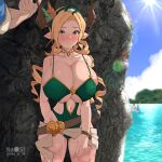  1girl bare_shoulders blonde_hair blush bracelet breasts brown_eyes choker cleavage cloud draph drill_hair gold_choker granblue_fantasy green_one-piece_swimsuit horns huge_breasts jewelry long_hair maria_theresa_(granblue_fantasy) nanashi_maru navel outdoors quad_drills rock sidelocks sun swimsuit water 