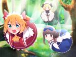  3girls black_hair blonde_hair blue_eyes blurry chestnut_mouth depth_of_field dress drill_hair fairy_wings fang forest grass hat headdress highres long_hair luna_child multiple_girls nature open_mouth outdoors red_eyes star_sapphire sunny_milk touhou tree wings you_(noanoamoemoe) 