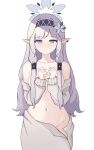  1girl absurdres blue_archive blush breasts closed_mouth collarbone covering covering_breasts cowboy_shot flower grey_hair hair_flower hair_ornament hair_tubes hairband halo highres himari_(blue_archive) hrna long_hair long_sleeves looking_at_viewer mole mole_under_eye navel pointy_ears purple_eyes simple_background solo white_background 
