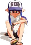  1girl arm_on_knee averting_eyes baseball_cap black_sandals black_shorts blue_hair blue_pupils blush closed_mouth commentary_request corrupted_twitter_file feet fingerless_gloves flat_chest foot_out_of_frame gloves gradient_hair grey_gloves half-closed_eyes hat highres inkling inkling_girl inkling_player_character invisible_chair long_hair looking_to_the_side multicolored_hair pointy_ears purple_hair purple_hat red_eyes sandals shirt short_sleeves shorts sitting solo splatoon_(series) split_mouth sweat t-shirt tentacle_hair white_background white_shirt zendoundo 