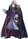  1boy arm_behind_back ascot beard cape charles_zi_britannia clenched_hand closed_mouth code_geass code_geass:_genesic_re;code epaulettes facial_hair full_beard furrowed_brow gloves grey_hair highres holy_britannian_flag indoors jacket long_hair looking_at_viewer male_focus military_uniform official_art old old_man pillar purple_eyes purple_jacket red_cape shouting solo standing transparent_background two-sided_cape two-sided_fabric v-shaped_eyebrows white_ascot white_gloves 