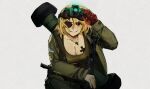  1girl artist_name assault_rifle bangs big_boss blonde_hair breasts brown_eyes cleavage cross cross_necklace eyepatch fgm-148_javelin green_tank_top gun hair_between_eyes handgun jewelry large_breasts looking_at_viewer marichka mechanical_arms metal_gear_(series) military military_jacket military_uniform necklace night_vision_device parody rifle scar scar_on_face single_mechanical_arm smirk solo tank_top ukrainian_flag uniform usergore weapon 