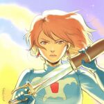 1girl artist_name blue_gloves brown_eyes brown_hair closed_mouth commentary earrings floating_hair glint gloves highres holding holding_sheath holding_sword holding_weapon jewelry kaze_no_tani_no_nausicaa long_sleeves looking_at_viewer nausicaa sheath short_hair skelinor sky solo star_(sky) straight-on swept_bangs sword teardrop_earrings unsheathing upper_body weapon 