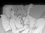  2girls alternate_costume animal_ears arknights arm_grab bare_shoulders bathrobe bite_mark blood blush collarbone couch drlee_lili extra_ears flat_chest heavy_breathing highres injury licking long_hair lying motion_lines mouse_ears multiple_girls off_shoulder on_back on_couch open_clothes open_mouth pillow provence_(arknights) scavenger_(arknights) tail tail_through_clothes trembling wolf_ears wolf_girl wolf_tail yuri 
