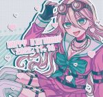  1girl antenna_hair bangs blonde_hair blue_eyes blush bow bowtie breasts choker cleavage danganronpa_(series) danganronpa_v3:_killing_harmony dated fingerless_gloves gloves goggles goggles_on_head green_bow green_bowtie hair_between_eyes happy_birthday iruma_miu large_breasts long_hair long_sleeves looking_at_viewer open_mouth pisapipi school_uniform shirt skirt smile teeth tongue tongue_out upper_teeth 