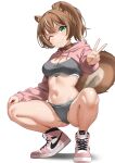  1girl ;) absurdres air_jordan_1 animal_ears ayunda_risu bra breasts brown_hair calvin_klein cleavage closed_mouth commentary english_commentary full_body green_eyes grey_bra grey_panties hair_ornament hairclip high_tops highres hololive hololive_indonesia hooded_shrug looking_at_viewer medium_breasts multicolored_hair navel nike_(company) one_eye_closed panties pink_shrug ponytail raikkonen shoes short_hair shrug_(clothing) simple_background smile sneakers solo squatting squirrel_ears squirrel_girl squirrel_tail stomach streaked_hair tail underwear v virtual_youtuber white_background white_hair 