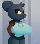  anthro big_breasts black_body black_eyes bottomwear breasts buckteeth clothing female hi_res huge_breasts jacket lori_meyers mammal mouse murid murine night_in_the_woods pants rodent shirt slickehedge smile solo teeth topwear video_games whiskers 
