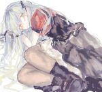  1girl bang_dream! bang_dream!_it's_mygo!!!!! black_boots black_ribbon black_skirt blue_hair boots closed_mouth commentary grey_hair hair_ribbon highres latte_bf long_hair looking_at_viewer lying oblivionis_(bang_dream!) red_shirt ribbon shirt simple_background skirt solo togawa_sakiko white_background yellow_eyes 