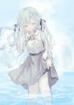  1girl absurdres bang_dream! bang_dream!_it's_mygo!!!!! black_ribbon blue_hair closed_mouth commentary grey_skirt hair_ribbon highres latte_bf long_hair long_sleeves ribbon shirt skirt skirt_hold solo togawa_sakiko wading white_shirt yellow_eyes 
