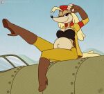  aircraft airplane anthro belly big_belly big_breasts blonde_hair bra breasts canid canine canis clothed clothing cuphead_(game) digital_media_(artwork) domestic_dog drxii female fur gesture hair handwear hat headgear headwear hi_res hunting_dog looking_at_viewer mammal one_eye_closed open_clothing open_shirt open_topwear pilot_saluki_(cuphead) pinup pose pregnant saluki salute shirt sighthound smile solo topwear underwear video_games wink 