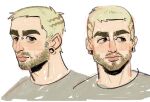  1boy beard blonde_hair bridge_piercing brown_eyes buzz_cut closed_mouth colin_jones_(skcd_loen) commentary cropped_shoulders english_commentary face_piercing facial_hair grey_shirt looking_at_viewer looking_to_the_side multiple_views original piercing plug_(piercing) shirt short_hair sideburns_stubble simple_background skcd_loen sketch stubble thick_eyebrows very_short_hair white_background 