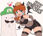  ._. 1boy 1girl :d bare_shoulders bat_wings blue_eyes blush breasts brown_hair cleavage cremanata crown demon_costume demon_girl demon_horns demon_tail elbow_gloves facial_hair ghost_costume gloves green_headwear halloween halloween_costume happy_halloween hat heart highres horns luigi mario_(series) mustache open_mouth princess_daisy smile tail thighhighs wings 