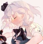  1girl black_bow black_bowtie bow bowtie closed_eyes closed_mouth commentary_request drawing_sword expressionless grey_vest holding holding_sword holding_weapon katana konpaku_youmu puffy_short_sleeves puffy_sleeves shinjitsu_no_kuchi shirt short_hair short_sleeves simple_background solo sword touhou upper_body vest weapon white_background white_hair white_shirt 