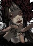  1girl black_nails blunt_bangs bug butterfly eyeshadow freckles grey_hair hand_tattoo head_tilt headdress heterochromia highres kasahara_iji looking_at_viewer makeup original outstretched_hand red_eyeshadow red_lips single_empty_eye solo spread_fingers tattoo white_eyes 