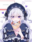  1girl absurdres amakira_mayoi blue_hairband bow commentary_request crepe dress eating food food_on_face frilled_dress frills gothic_lolita hair_over_one_eye hairband hands_up highres holding holding_crepe holding_food lolita_fashion lolita_hairband long_hair long_sleeves looking_at_viewer mahou_shoujo_no_majo_saiban marshmallow_(site) natsume_an-an one_side_up open_mouth polka_dot polka_dot_bow purple_eyes request_inset sleeves_past_fingers sleeves_past_wrists solo sweatdrop translation_request upper_body very_long_hair white_background white_hair 