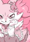  2022 absurd_res accessory anthro braixen brooch canid canine claws clothing fangs female fox generation_6_pokemon hair_accessory hand_on_own_face hi_res looking_at_viewer mammal nintendo oposa pink_background pink_theme pokemon pokemon_(species) simple_background sitting smile solo video_games 