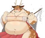  anthro belly blush cervid clothed clothing dragon_night800 embarrassed fluffy_chest fur hi_res horn kazusa male mammal moobs navel nipples overweight skimpy solo spots spotted_body spotted_fur tamacolle thick_thighs 