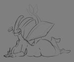  2022 annoyed antennae_(anatomy) anthro atherol big_breasts breasts dragon ellipsis female flygon generation_3_pokemon grey_background greyscale half-closed_eyes hi_res huge_breasts looking_at_viewer lying monochrome narrowed_eyes nintendo notebook nude on_front one_leg_up pen pokemon pokemon_(species) pokemorph raised_leg simple_background sketch solo speech_bubble thick_thighs video_games 