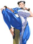  1girl absurdres black_hair black_shoes blue_bodysuit blue_pants bodysuit bracelet breasts brown_eyes bun_cover china_dress chinese_clothes chun-li cleavage_cutout clothing_cutout commentary double_bun dress earrings english_commentary fighting_stance foot_out_of_frame gold_ribbon gold_trim hair_bun hair_ribbon hand_on_own_knee highres jewelry large_breasts leg_up lipgloss lips looking_at_viewer muscular muscular_female pants parted_lips pearl_earrings pelvic_curtain pink_lips ribbon shoes short_sleeves solo street_fighter street_fighter_6 taiyang_yu thick_thighs thighs tight_clothes tight_pants white_background yellow_ribbon 