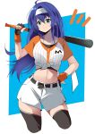  1girl baseball_bat black_gloves black_shirt black_thighhighs blue_hair cropped_legs fe135700 fingerless_gloves fire_emblem fire_emblem:_path_of_radiance fire_emblem:_radiant_dawn gloves green_eyes hairband hand_on_hip highres holding holding_baseball_bat mia_(fire_emblem) midriff navel shirt short_sleeves shorts simple_background smile solo t-shirt thighhighs tied_shirt white_background white_hairband white_shorts zettai_ryouiki 