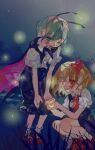  2girls antennae black_cape black_shorts black_skirt black_vest blonde_hair blush bow cape collared_shirt commentary_request fireflies full_body grass green_eyes green_hair grey_sky hair_bow highres looking_at_another mary_janes multiple_girls night open_mouth outdoors puffy_short_sleeves puffy_sleeves red_bow red_cape red_eyes red_shoes rumia shinjitsu_no_kuchi shirt shoes short_hair short_sleeves shorts skirt skirt_set sky smile socks squatting star_(sky) starry_sky touhou two-sided_cape two-sided_fabric vest white_shirt white_socks wriggle_nightbug 