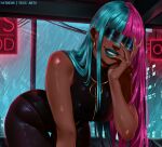  1girl absurdres alternate_hair_length alternate_hairstyle aqua_hair aqua_lips artist_name black_bodysuit black_visor blue_lips bodysuit dark-skinned_female dark_skin dispatch fingernails highres long_fingernails long_hair looking_at_viewer multicolored_hair patreon_username pink_hair prism_(dispatch) rain sleeveless sleeveless_bodysuit solo split-color_hair two-tone_hair yellow_nails yessarts 