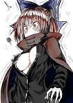  1girl bow breasts breasts_apart cape cleavage covered_mouth from_below ginger_ale_(syouga_6383) hair_bow high_collar highres large_breasts popped_button red_cape sekibanki solo squiggle surprised touhou upper_body v-shaped_eyebrows wide-eyed 