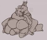  andromorph anthro antlers bottomwear canid canine canis clothing duo embrace en-arts female holding_another horn hug intersex intersex/female jackalope lagomorph mammal pillow pregnant pregnant_andromorph pregnant_female pregnant_intersex shirt shorts topwear wolf 