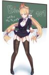  1girl alice_thymefield alternate_costume animal_ears ass_visible_through_thighs black_jacket black_panties black_shoes black_skirt blazer blonde_hair blush bow breasts brown_thighhighs chalk chalkboard closed_mouth clothes_lift commentary english_commentary full_body garter_straps hair_bow hair_ornament heterochromia highres jacket lifting_own_clothes long_hair looking_at_viewer low_twintails medium_breasts neck_ribbon panties red_eyes ribbon shadow shirt shoes simple_background skirt skirt_lift solo sphere_hair_ornament tharacu thighhighs twintails twitter_username underwear white_background white_shirt yellow_eyes zenless_zone_zero 