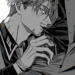  2boys absurdres beard belt biting biting_clothes challia_bull char_aznable chromatic_aberration clothes_lift commentary_request facial_hair film_grain gloves gundam gundam_gquuuuuux halcyon_(gugfuggugfug) hand_under_clothes hand_under_shirt highres jacket lapels long_sleeves looking_at_viewer male_focus monochrome mouth_hold multiple_boys mustache necktie notched_lapels pants shirt shirt_lift short_hair simple_background teeth_hold veins veiny_neck yaoi 