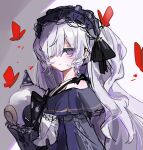  1girl absurdres bug butterfly closed_mouth commentary_request gothic_lolita hair_over_one_eye hairband highres lolita_fashion lolita_hairband long_hair looking_at_viewer mahou_shoujo_no_majo_saiban mitarashi_umemaru natsume_an-an one_side_up purple_eyes red_butterfly solo stuffed_animal stuffed_sheep stuffed_toy upper_body white_hair 