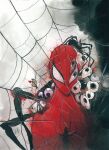  1boy blood body_horror bodysuit bug comic_cover cover_image extra_eyes highres looking_at_viewer male_focus marvel mask moth official_art peach_momoko red_bodysuit silk solo spider spider-man spider-man_(series) spider_web spider_web_print superhero 